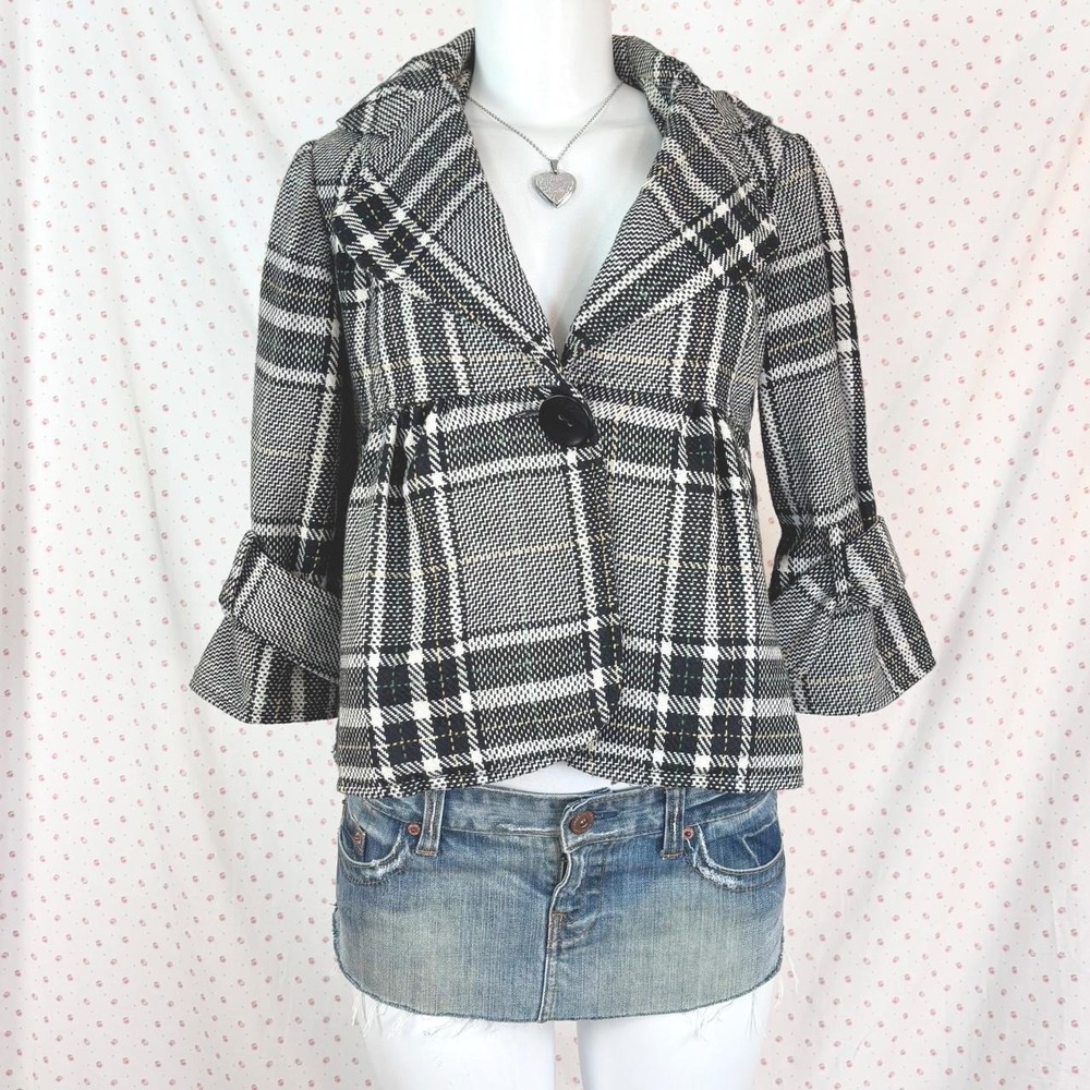 y2k plaid cropped jacket black white tartan fitted blazer